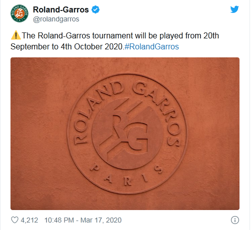 Thông báo dời lịch tổ chức Roland Garros được đăng tải trên trang Twitter của giải đấu Thông báo dời lịch tổ chức Roland Garros được đăng tải trên trang Twitter của giải đấu