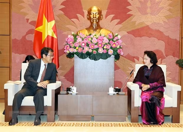 Chủ tịch Quốc hội Nguyễn Thị Kim Ngân tiếp Đại sứ Đặc mệnh toàn quyền Nhật Bản tại Việt Nam Umeda Kunio đến chào từ biệt nhân dịp kết thúc nhiệm kỳ công tác. (Ảnh: Trọng Đức/TTXVN)