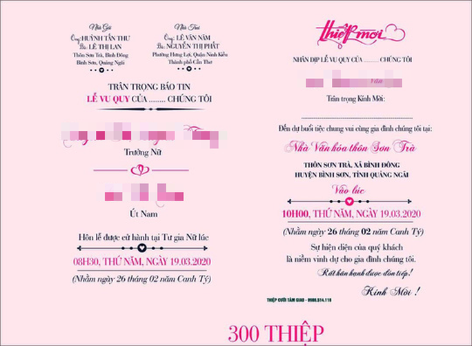 Thiệp mời dự lễ đám cưới của con gái ông Huỳnh Tấn Thư. Ảnh: T.Trực Thiệp mời dự lễ đám cưới của con gái ông Huỳnh Tấn Thư. Ảnh: T.Trực