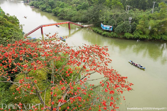 Tại suối yến (chùa Hương, huyện Hoài Đức) những gốc gạo nở đỏ rực hai bên, tạo nên một khung cảnh rất thơ mộng. Ảnh: Vũ Minh Quân.