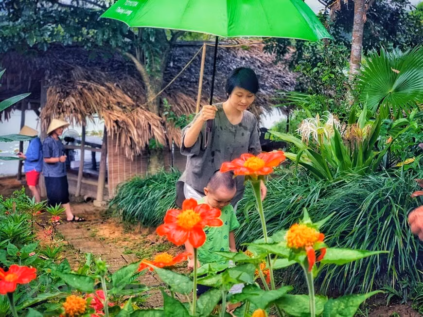 Cho trẻ em đi trải nghiệm thiên nhiên hoang dã đang là lựa chọn của nhiều gia đình trẻ. Những mái nhà tranh nằm giữa những bụi hoa rực rỡ sắc màu. (Ảnh: Xuân Mai/Vietnam+)
