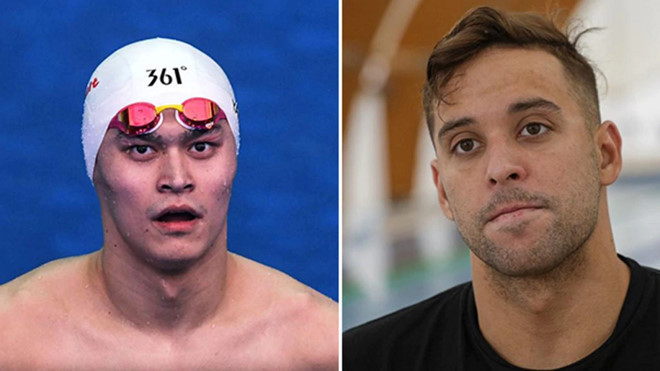 Kình ngư Nam Phi Le Chos (phải) tố Sun Yang gian lận/ CHỤP MÀN HÌNH