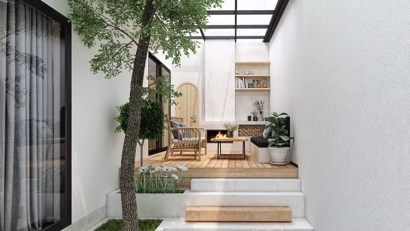 Khoảng không gian xanh đặt bên hông ngôi nhà.