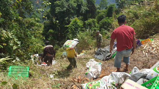 Người dân địa phương chung tay đưa phân bón dưới vực sâu lên mặt đường Quốc lộ 20 giúp chủ hàng.