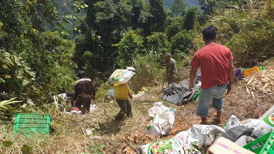 Người dân địa phương chung tay đưa phân bón dưới vực sâu lên mặt đường Quốc lộ 20 giúp chủ hàng.