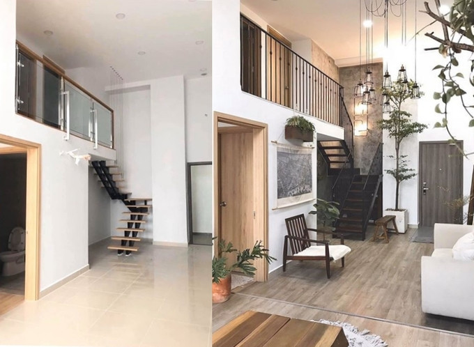 Khi bàn giao, căn nhà trống, tường sơn trắng toàn bộ, sàn gạch men, cầu thang trụ sắt kết hợp inox và lan can kính cường lực khá thô. Chị Thái Hòa quyết định ở tạm một thời gian, sau đó tự thiết kế lại căn hộ với mục tiêu không gian sống đơn giản mà gần gũi và thân thiện, tiện ích vừa đủ nhưng thoáng mát, tiết kiệm cả diện tích lẫn chi phí. Căn hộ 'lột xác' với 180 triệu đồngKhi bàn giao, căn nhà trống, tường sơn trắng toàn bộ, sàn gạch men, cầu thang trụ sắt kết hợp inox và lan can kính cường lực khá thô. Chị Thái Hòa quyết định ở tạm một thời gian, sau đó tự thiết kế lại căn hộ với mục tiêu không gian sống đơn giản mà gần gũi và thân thiện, tiện ích vừa đủ nhưng thoáng mát, tiết kiệm cả diện tích lẫn chi phí.