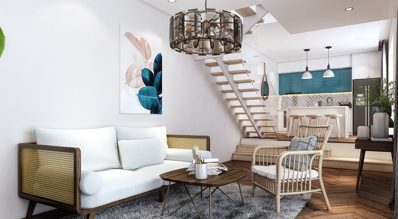 Ghế sofa có khe thoáng khí kết hợp với đèn hình quả, cho phép gia chủ mơ về một không gian sống yên bình, tĩnh lặng.