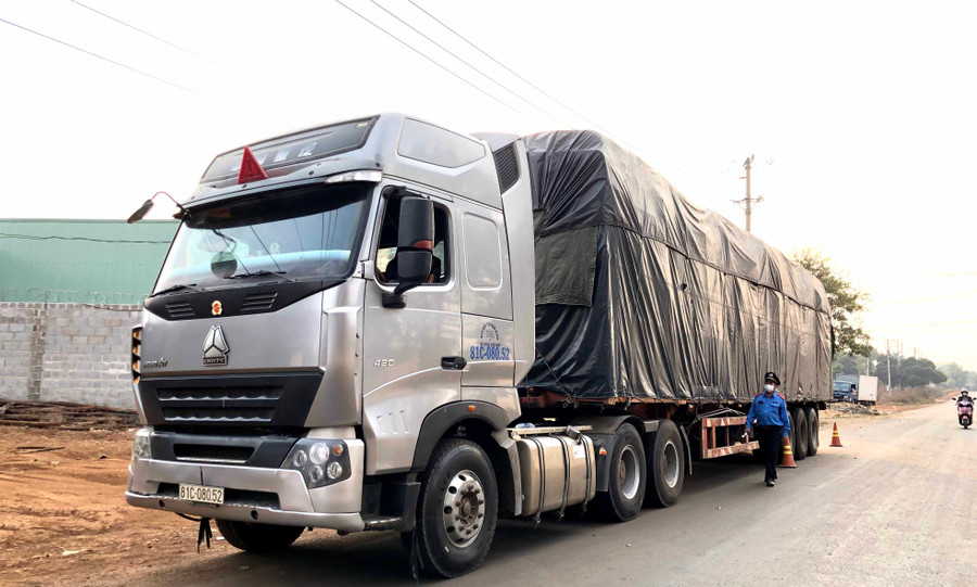 Xe đầu kéo BKS 81C-080.52 kéo sơ mi rơ moóc BKS 81R-002.65 chở vượt tải trọng 13,76 tấn hàng hóa bị lực lượng Thanh tra Giao thông phát hiện, xử lý. Ảnh: Lê Hòa