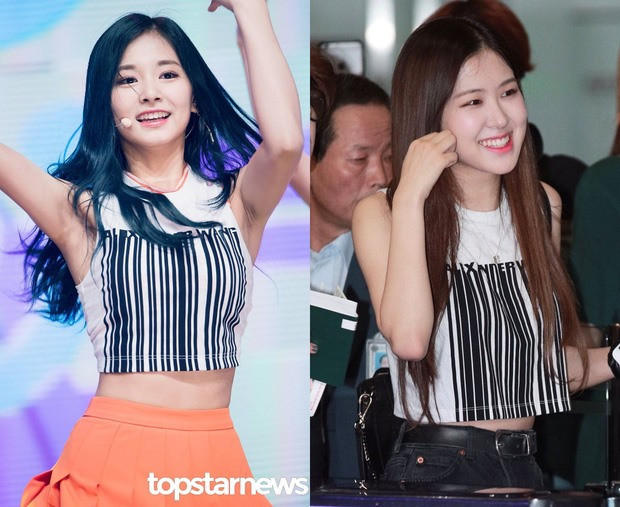 Tzuyu và Rosé chạm trán với áo crop top sát nách đơn giản của thương hiệu Alexander Wang. Trong khi em út của Twice phối áo cùng chân váy xoè màu cam và biểu diễn trên sân khấu thì thành viên BlackPink lại kết hợp với quần jeans đen và có mặt tại sân bay. 