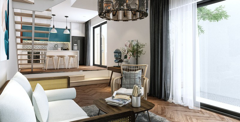 Sàn gỗ hình xương cá, giật cấp giúp phân biệt giữa khu vực nhà bếp và phòng khách.