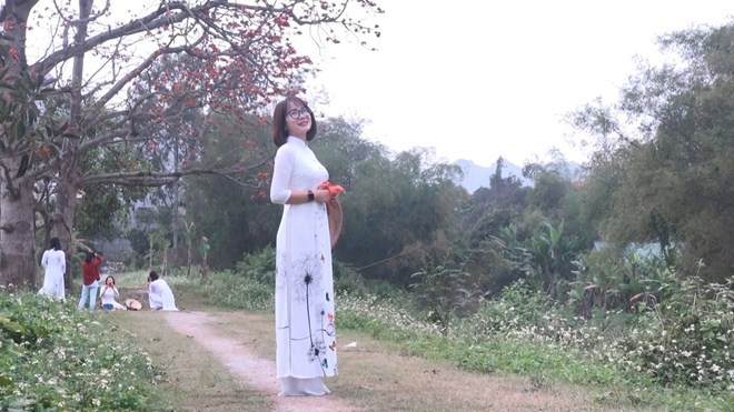 Nhiều người đã tìm về đây để lưu lại những bức ảnh đẹp với hoa Gạo. (Ảnh: Khiếu Tư/TTXVN)