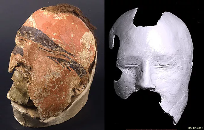 Hộp sọ người đàn ông mang mặt nạ và phần mặt nạ được máy tính 