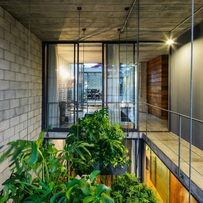 Màu xanh của cây kéo dài từ tầng trệt lên đến tầng mái. Màu xanh của cây kéo dài từ tầng trệt lên đến tầng mái.