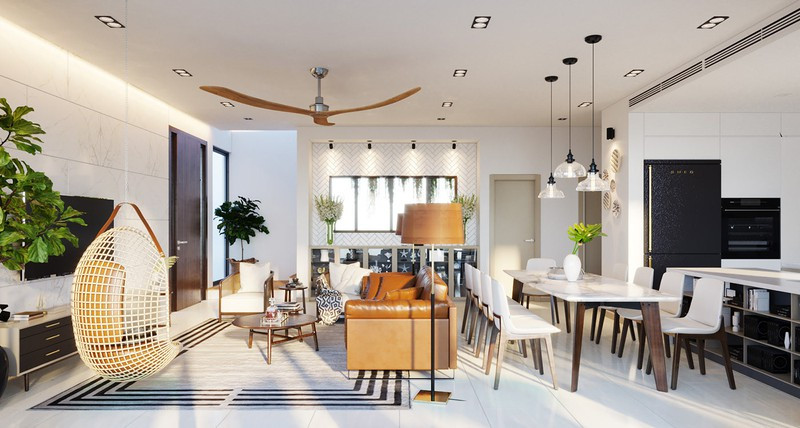 Bên cạnh bàn ghế tiếp khách, chủ nhà còn sử dụng thêm một chiếc võng mây đặt bên cạnh, mang lại vẻ đẹp nên thơ cho căn phòng.