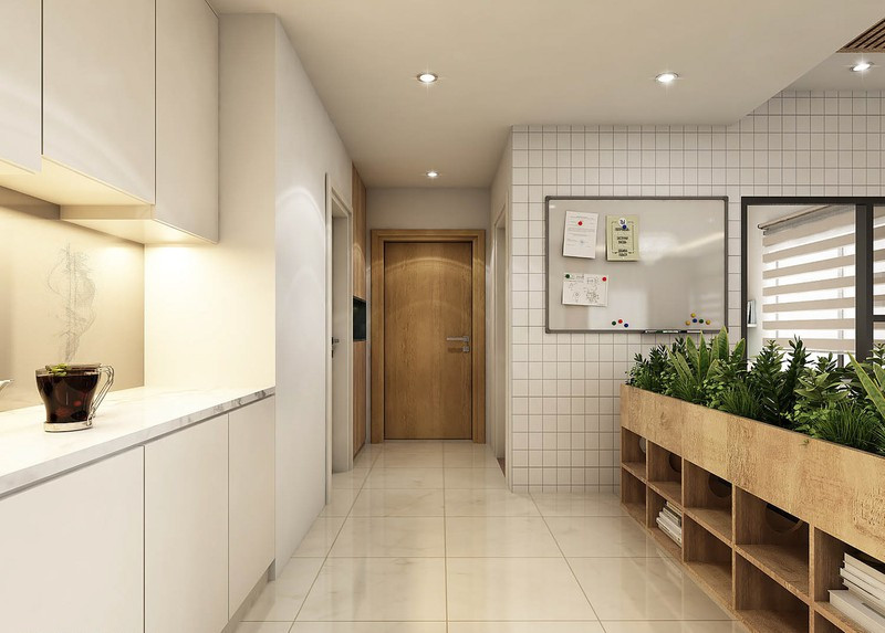 Bồn cây làm bằng gỗ làm giảm cảm giác khô cứng của gạch và bê tông.