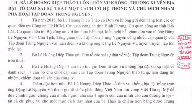  Thông cáo báo chí tố bà Lê Hoàng Diệp Thảo phát ra từ Tập đoàn Trung Nguyên (ảnh chụp màn hình).