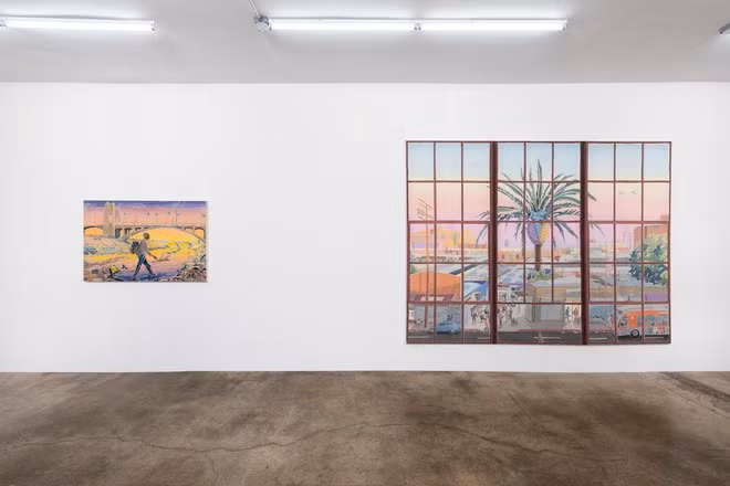 Adam de Boer vẽ quang cảnh bên ngoài khi đứng bên trong cửa sổ nhìn xuống đường - Ảnh: Hunter Shaw Fine Art