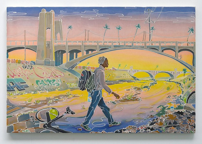 Bức Riverwalker của Adam de Boer vẽ một chàng trai trẻ băng qua dòng sông đầy rác vào ban ngày - Ảnh: Hunter Shaw Fine Art  Bức Riverwalker của Adam de Boer vẽ một chàng trai trẻ băng qua dòng sông đầy rác vào ban ngày - Ảnh: Hunter Shaw Fine Art