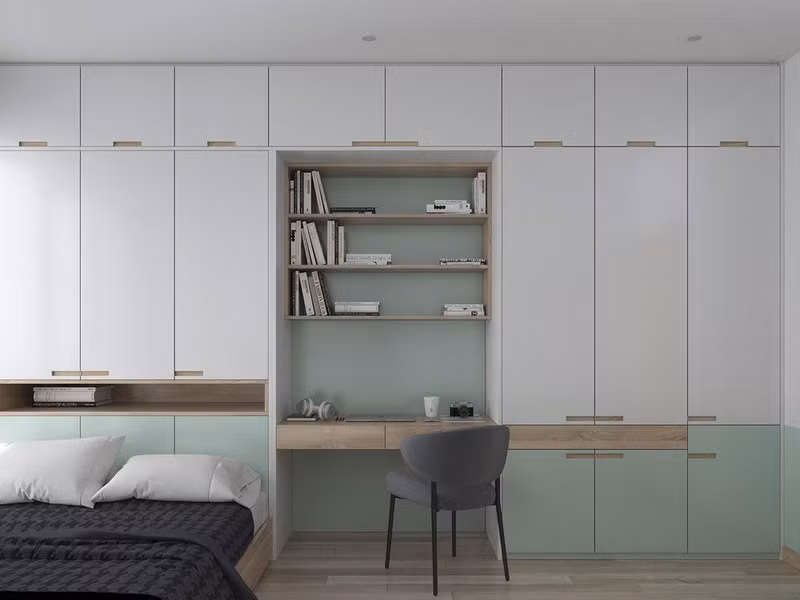 Trong phòng ngủ cuối cùng, một yếu tố bạc hà tươi mát đã được đưa vào thiết kế tủ quần áo để làm căn phòng trở nên sống động hơn. Trong phòng ngủ cuối cùng, một yếu tố bạc hà tươi mát đã được đưa vào thiết kế tủ quần áo để làm căn phòng trở nên sống động hơn.