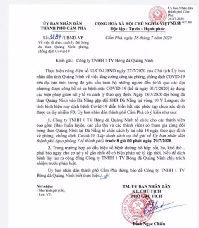 Công văn chỉ đạo của UBND TP.Cẩm Phả đối với Than.QN về việc thực hiện cách ly