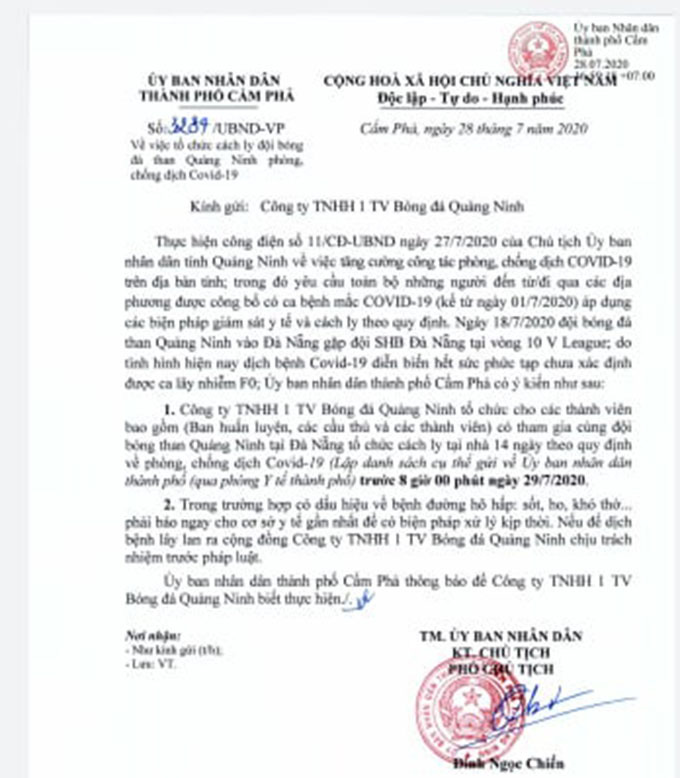 Công văn chỉ đạo của UBND TP.Cẩm Phả đối với Than.QN về việc thực hiện cách ly