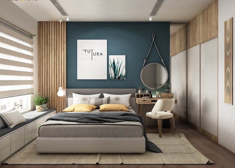 Ngoài yêu thích những sản phẩm từ gỗ, gia chủ còn là người thích màu xanh và cây cối, điều này được thể hiện rất rõ trong phòng ngủ.