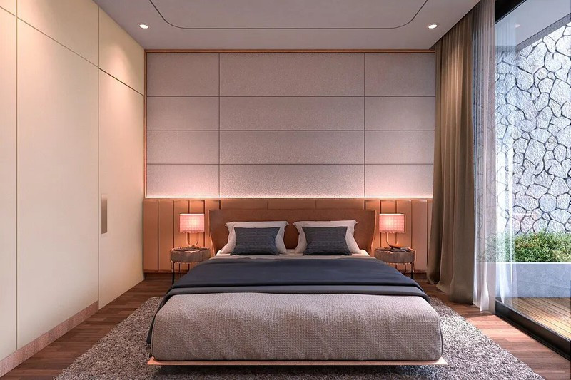 Phòng ngủ gắn liền với hồ bơi và vườn cây phía trước, các thành viên có thể dễ dàng đi vào phòng ngủ từ hồ bơi mà không cần di chuyển qua phòng khách.