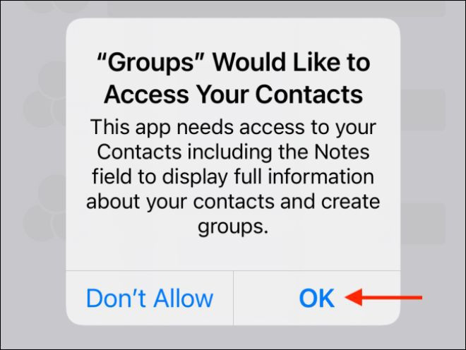 Nhấn OK để xác nhận cấp quyền truy cập Danh bạ cho ứng dụng ẢNH CHỤP MÀN HÌNH