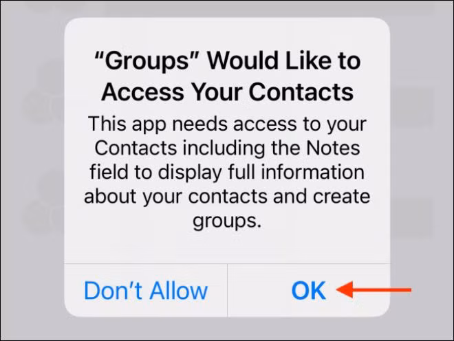 Nhấn OK để xác nhận cấp quyền truy cập Danh bạ cho ứng dụng ẢNH CHỤP MÀN HÌNH