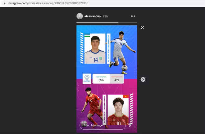 Tính đến chiều ngày 29.8, Công Phượng có 45% thua Eldor Shomurodov có 55% người bầu CHỤP MÀN HÌNH