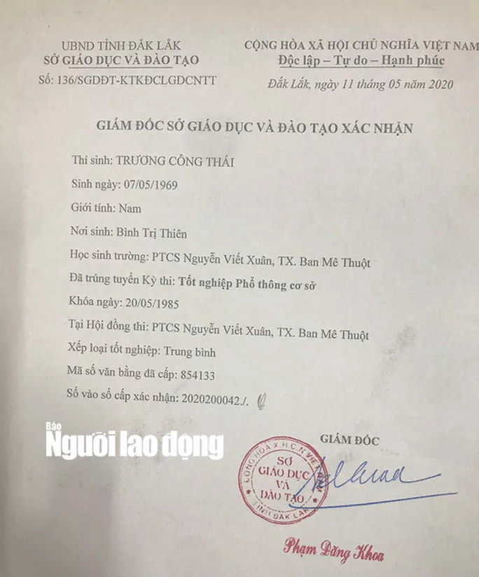 Giấy xác nhận của Sở GD-ĐT tỉnh Đắk Lắk Giấy xác nhận của Sở GD-ĐT tỉnh Đắk Lắk