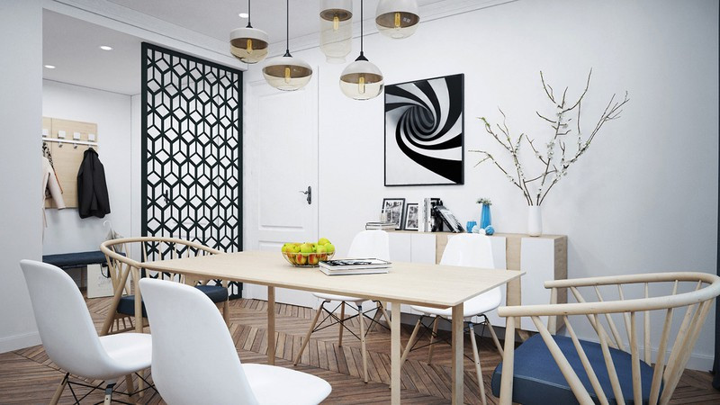Căn hộ 1 phòng ngủ được trang trí đẹp như studio ảnh 6 Đèn treo cao thấp khác nhau, tạo lại hiệu ứng ánh sáng tuyệt đẹp vào ban đêm.