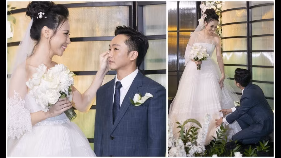 Cường “Đô La” ân cần chăm sóc Đàm Thu Trang. Ảnh: Cắt từ clip