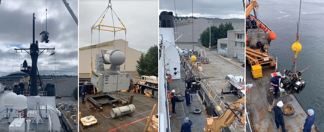 Từ trái sang: Tháo dỡ radar phòng không, dàn pháo cận chiến Phalanx (6 nòng, 20 mm, phía đuôi tàu), 2 khẩu pháo M242 Bushmaster (1 nòng, 25 mm) ở hai bên thân tàu Mellon ngày 24.7 - Ảnh chụp từ clip Từ trái sang: Tháo dỡ radar phòng không, dàn pháo cận chiến Phalanx (6 nòng, 20 mm, phía đuôi tàu), 2 khẩu pháo M242 Bushmaster (1 nòng, 25 mm) ở hai bên thân tàu Mellon ngày 24.7 - Ảnh chụp từ clip