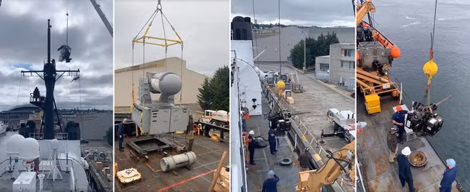 Từ trái sang: Tháo dỡ radar phòng không, dàn pháo cận chiến Phalanx (6 nòng, 20 mm, phía đuôi tàu), 2 khẩu pháo M242 Bushmaster (1 nòng, 25 mm) ở hai bên thân tàu Mellon ngày 24.7 - Ảnh chụp từ clip