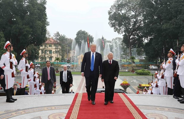 Tổng Bí thư, Chủ tịch nước Nguyễn Phú Trọng đón Tổng thống Hoa Kỳ Donald Trump hồi tháng 2/2019. (Ảnh: Trí Dũng/TTXVN) Tổng Bí thư, Chủ tịch nước Nguyễn Phú Trọng đón Tổng thống Hoa Kỳ Donald Trump hồi tháng 2/2019. (Ảnh: Trí Dũng/TTXVN)
