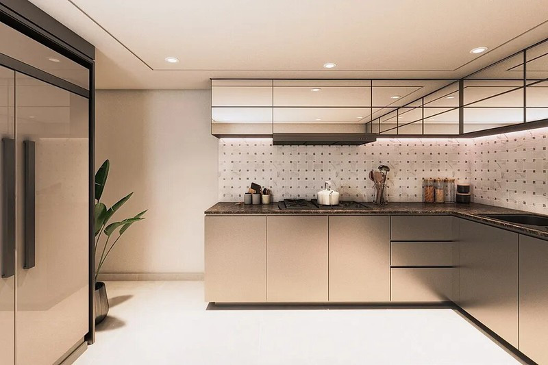 Tủ bếp trên làm bằng kính trong suốt, mang đến cái nhìn sang trọng và hiện đại cho khu vực nấu nướng.