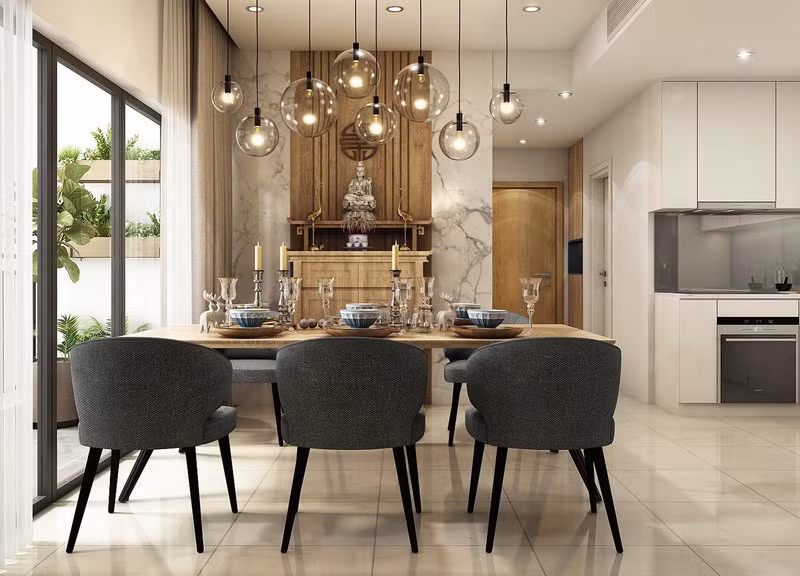 Bàn ăn gỗ đặt trang trọng trong một không gian hiện đại, chan hòa với tự nhiên.