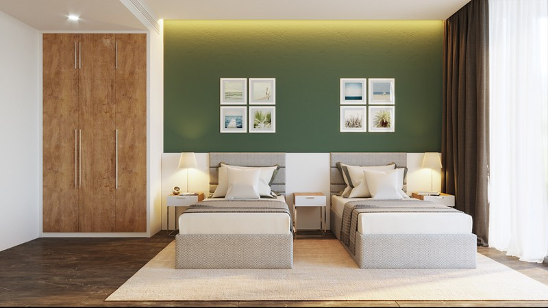 Phòng ngủ đôi bố trí cân đối, hài hòa.