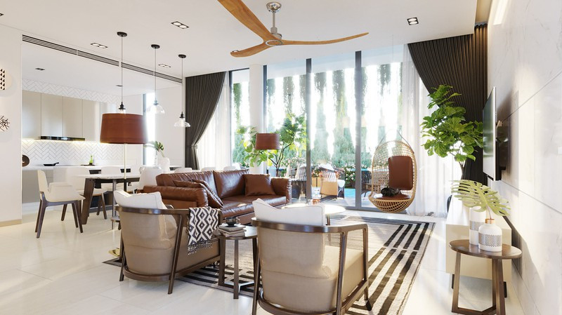 Quạt trần trả lại nét mộc mạc, gần gũi trong căn biệt thự hiện đại.