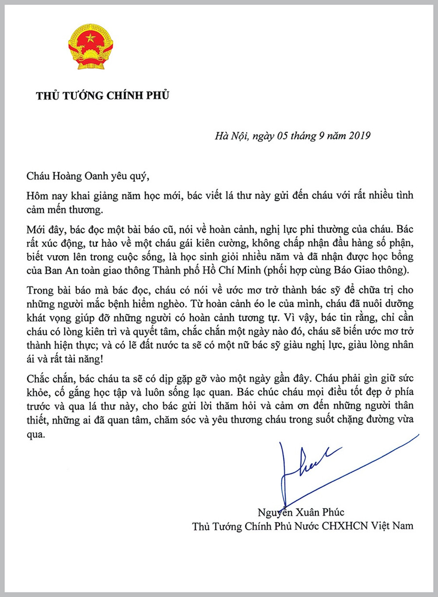  Thủ tướng Nguyễn Xuân Phúc viết thư khen em Nguyễn Thị Hoàng Oanh