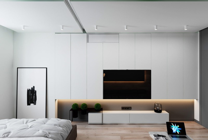 Ti vi sử dụng chung cho hai khu vực giường ngủ và phòng khách. Ti vi sử dụng chung cho hai khu vực giường ngủ và phòng khách.