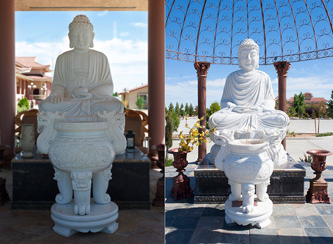 Ở sân trước, thiền viện tôn trí khá nhiều tượng lớn, nhỏ bằng đá cẩm thạch được tạc tại Việt Nam: Vườn tượng Tứ Động Tâm, trong đó tượng Thích Ca Mâu Ni Phật Nhập Niết bàn dài 6,5m và các tượng đức Phật Dược Sư, đức Phật A Di Đà, Bồ tát Di Lặc, Bồ tát Địa Tạng, Thập bát A La Hán,…