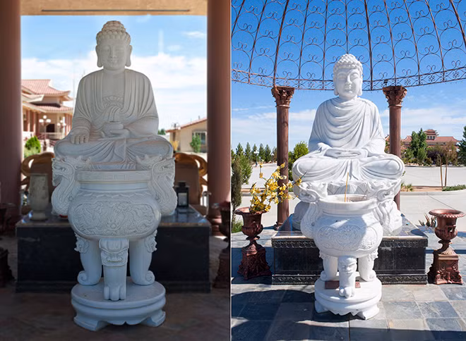 Ở sân trước, thiền viện tôn trí khá nhiều tượng lớn, nhỏ bằng đá cẩm thạch được tạc tại Việt Nam: Vườn tượng Tứ Động Tâm, trong đó tượng Thích Ca Mâu Ni Phật Nhập Niết bàn dài 6,5m và các tượng đức Phật Dược Sư, đức Phật A Di Đà, Bồ tát Di Lặc, Bồ tát Địa Tạng, Thập bát A La Hán,…