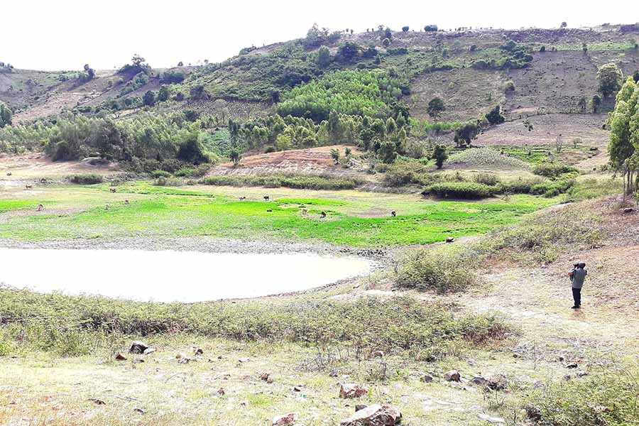  Hồ chứa nước của làng Pơ Nang (xã Tú An, thị xã An Khê) có diện tích hơn 5 ha đã khô cạn do nắng hạn. Ảnh: N.S