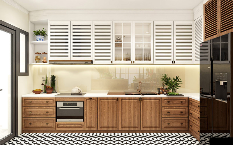 Hệ thống tủ bếp làm bằng gỗ vừa hiện đại vừa truyền thống. Tủ bếp trên có các khe thoáng khí giữ cho thực phẩm luôn khô ráo. Hệ thống tủ bếp làm bằng gỗ vừa hiện đại vừa truyền thống. Tủ bếp trên có các khe thoáng khí giữ cho thực phẩm luôn khô ráo.