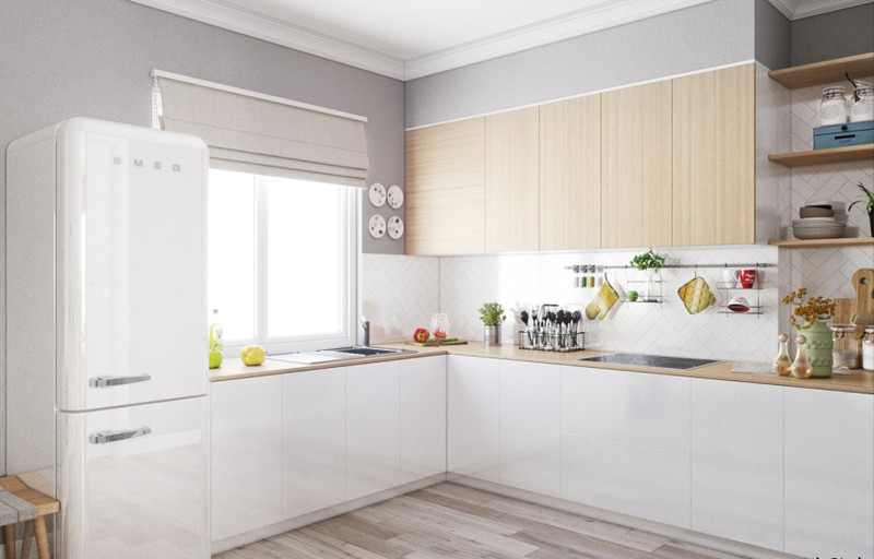 Tủ bếp chữ L tận dụng tối đa diện tích. Chiếc tủ lạnh màu trắng gần như trong suốt. Tủ bếp chữ L tận dụng tối đa diện tích. Chiếc tủ lạnh màu trắng gần như trong suốt.