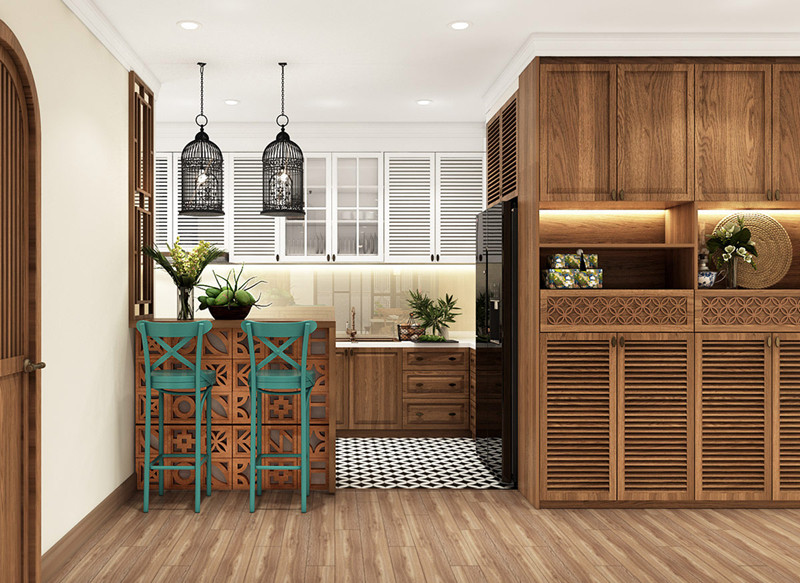 Đèn hình lồng chim trang trí trên đảo bếp. Đây đồng thời cũng là quầy bar và bàn ăn sáng tiện lợi Đèn hình lồng chim trang trí trên đảo bếp. Đây đồng thời cũng là quầy bar và bàn ăn sáng tiện lợi