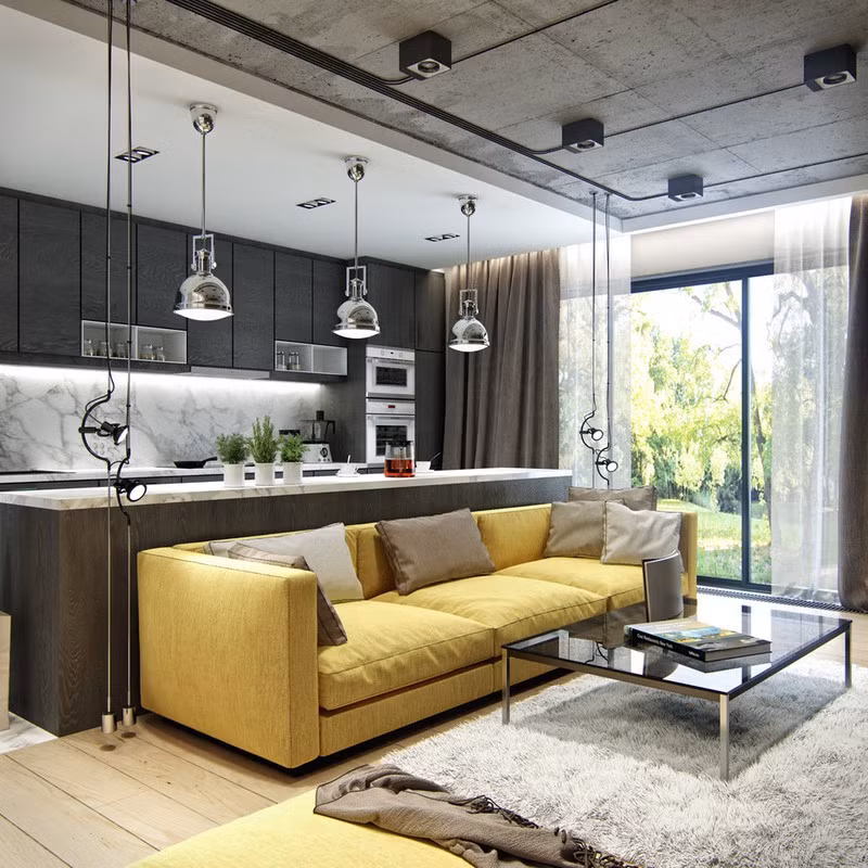 Trần thiết kế theo kiểu công nghiệp với các loại đèn thả xuống gần với nội thất.