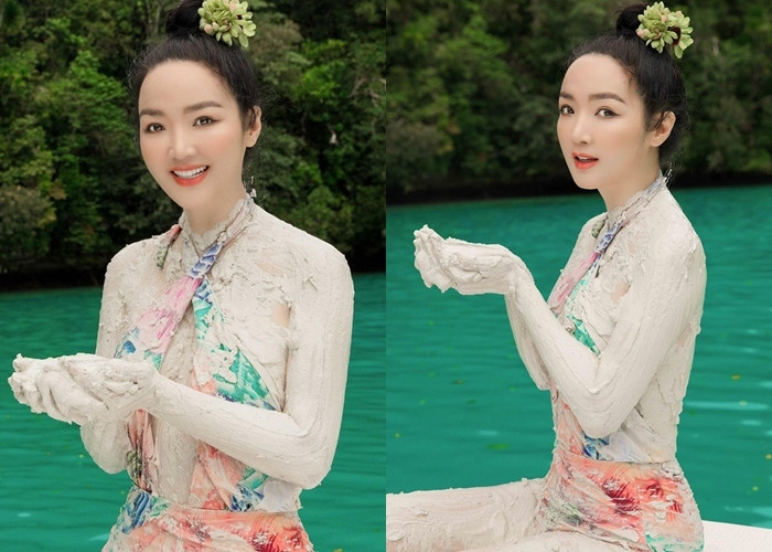  Tại Palau, nàng hậu thích thú trải nghiệm phương pháp dưỡng da bằng bùn sữa trắng giữa thiên nhiên. Dù đã U50 nhưng Giáng My không ngại diện trang phục bikini được xẻ ngực táo bạo